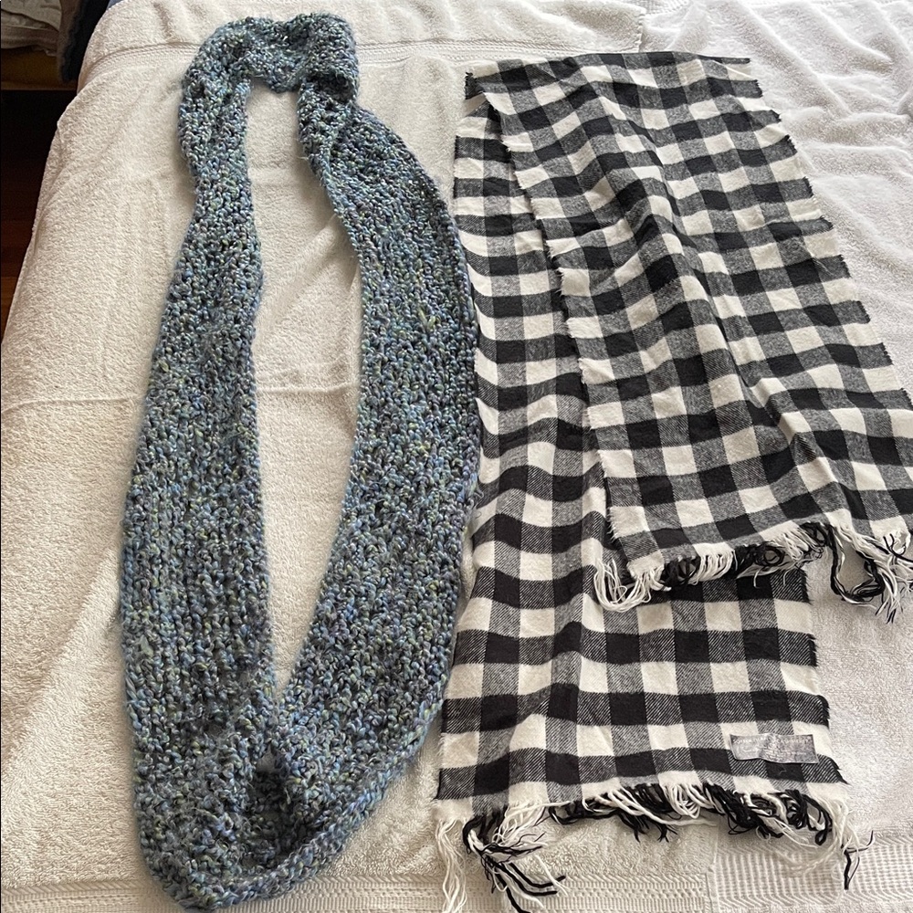 Chunky Knit Infinity Scarf + Black & White Buffalo Check Fringe Scarf